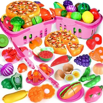 100-Piece Cutting Play Food Set, Pink baskets