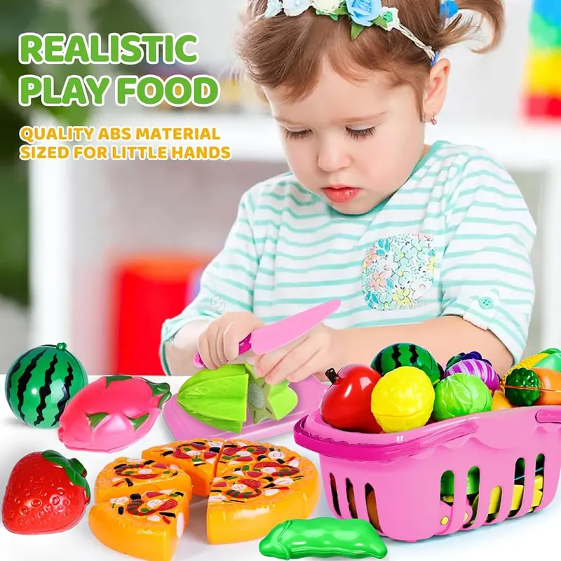 100-Piece Cutting Play Food Set, Pink baskets, view 2