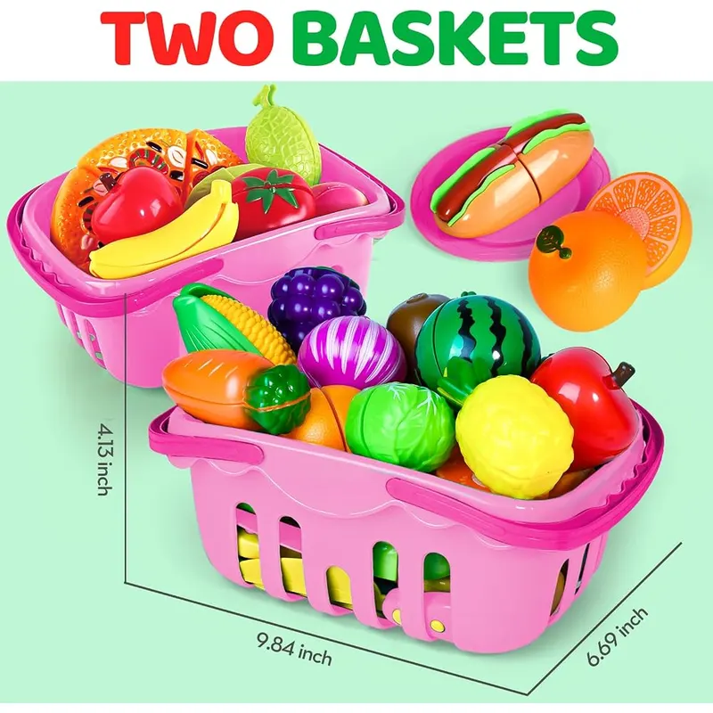 100-Piece Cutting Play Food Set, Pink baskets, view 3