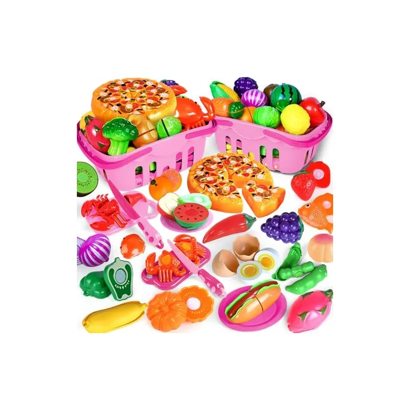 100-Piece Cutting Play Food Set, Pink baskets