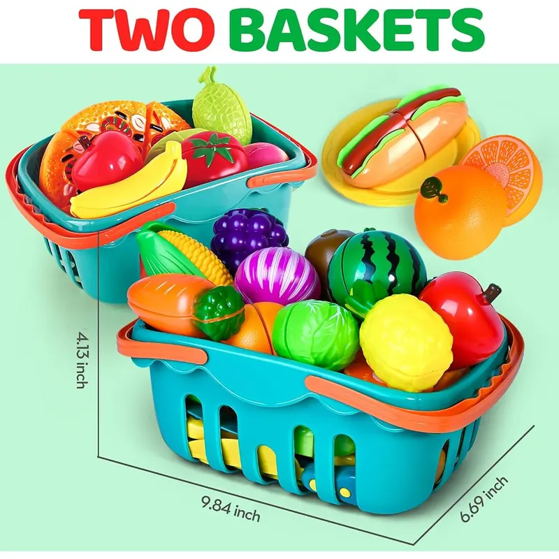 100-Piece Cutting Play Food Set, Teal baskets, view 3