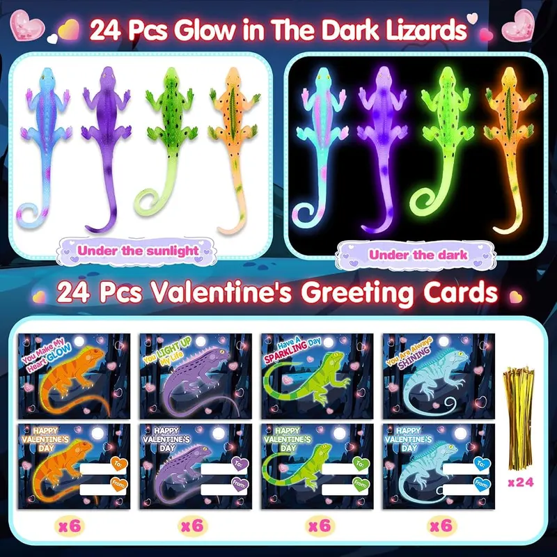 24 Valentine Cards with Glow Lizards, view 2