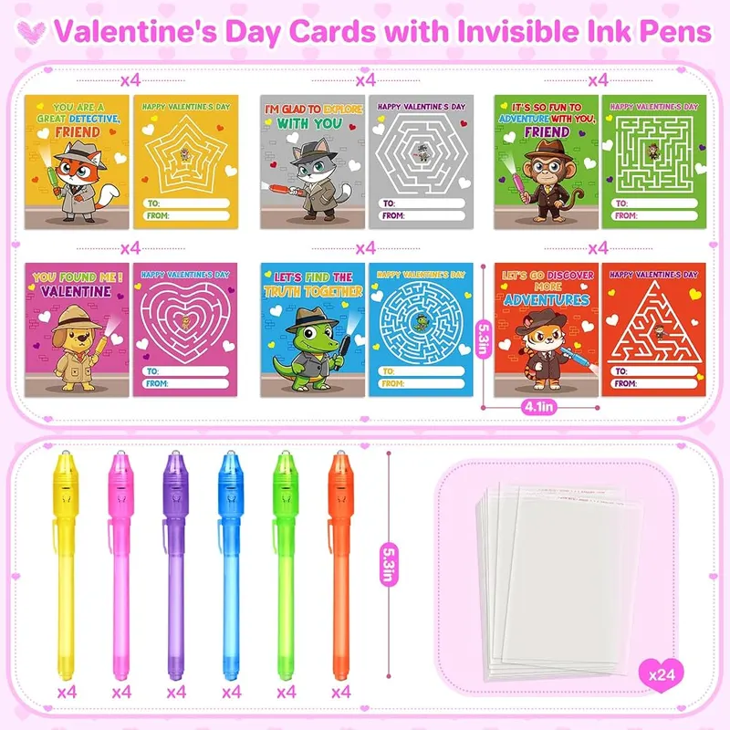 24 Valentine Cards with Invisible Ink Pens, view 3