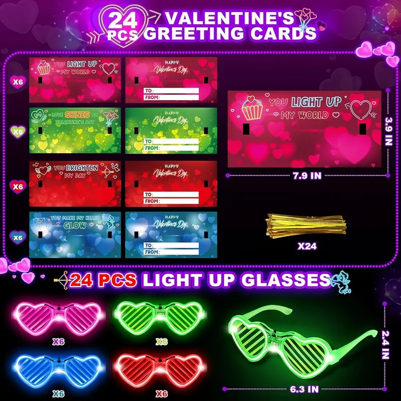 24 Valentine Cards with Light-Up Glasses, view 2