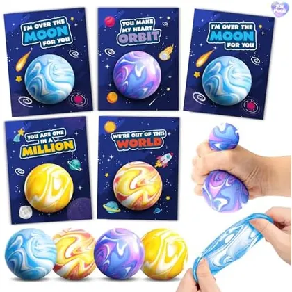 24 Valentine Cards with Planet Squeeze Balls