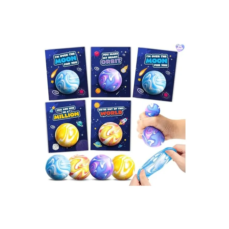 24 Valentine Cards with Planet Squeeze Balls