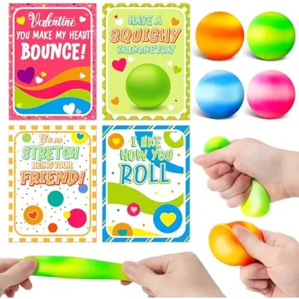 24 Valentine Cards with Rainbow Squeeze Balls