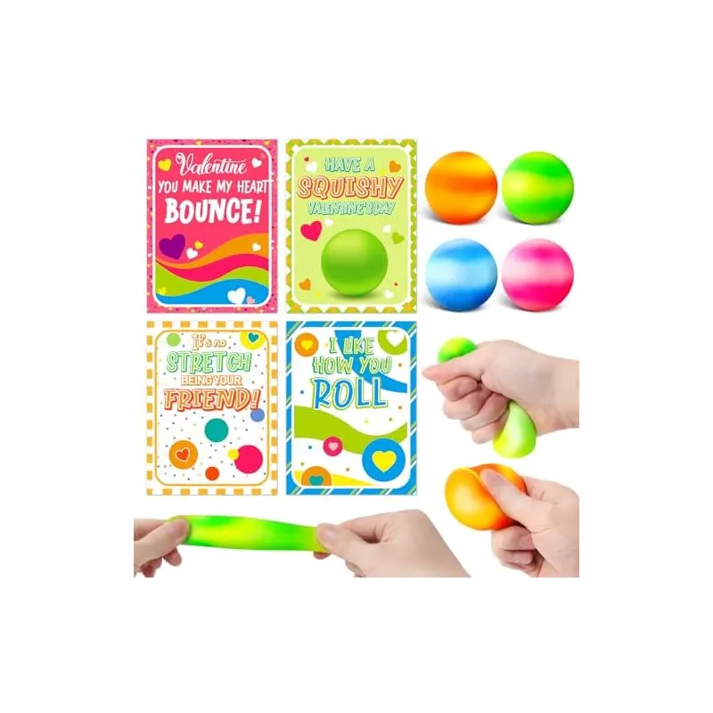 24 Valentine Cards with Rainbow Squeeze Balls