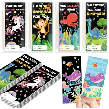 24 Valentine Cards with Scratch Art Notebooks