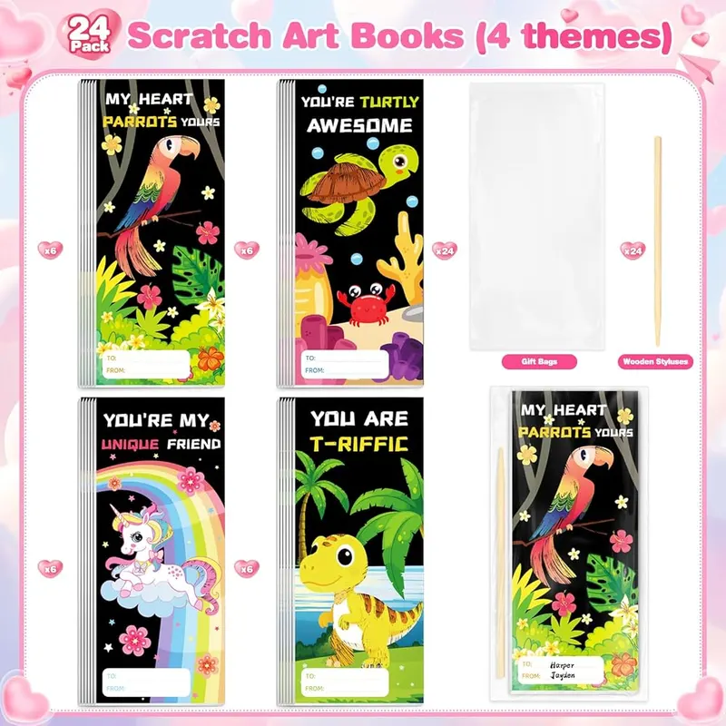 24 Valentine Cards with Scratch Art Notebooks, view 2