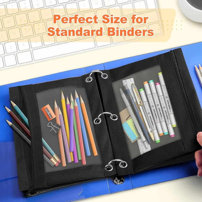 3-Ring Binder Pencil Pouch, Black, view 3