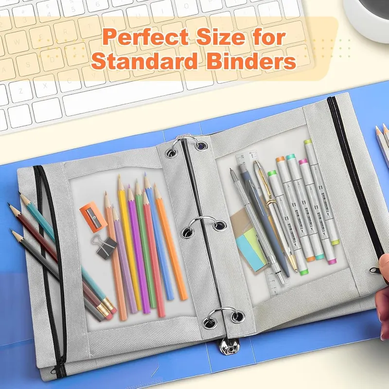 3-Ring Binder Pencil Pouch, Grey, view 3