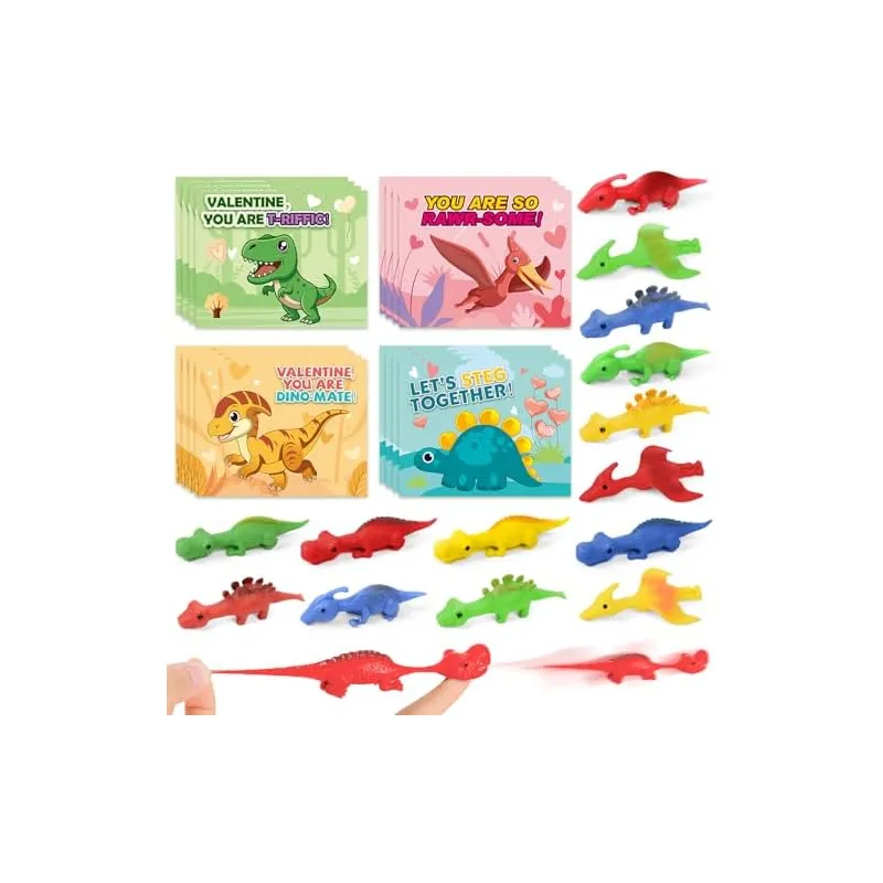 32 Valentine Cards with Slingshot Dinosaurs