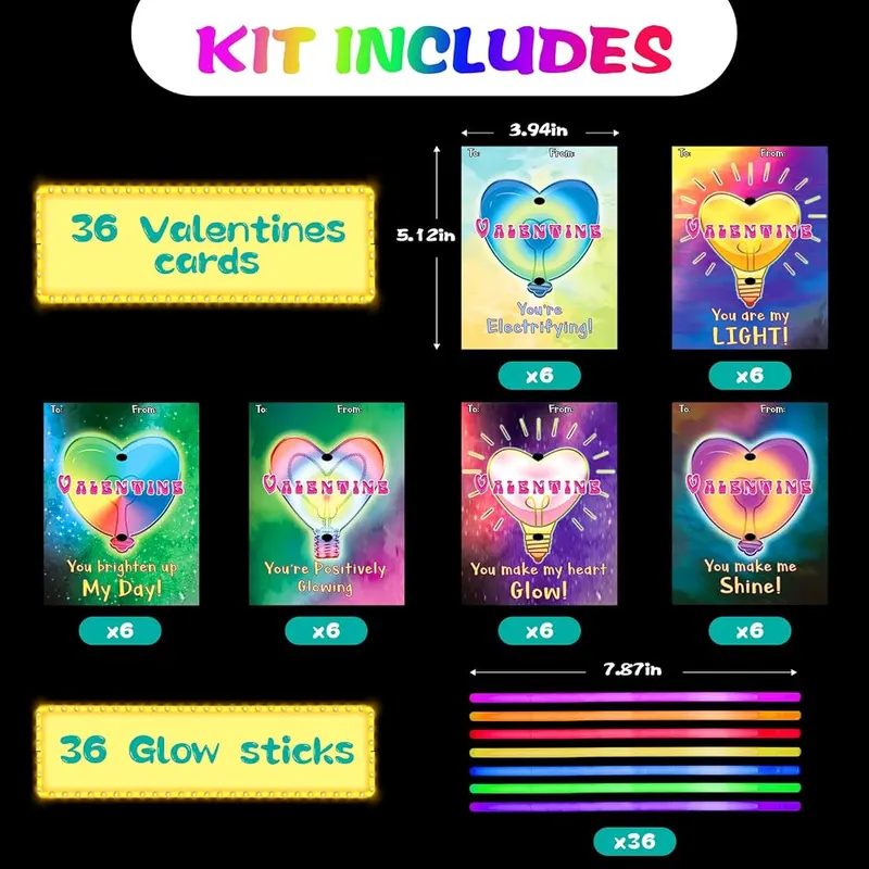 36 Valentine Cards with Glow Sticks, view 2